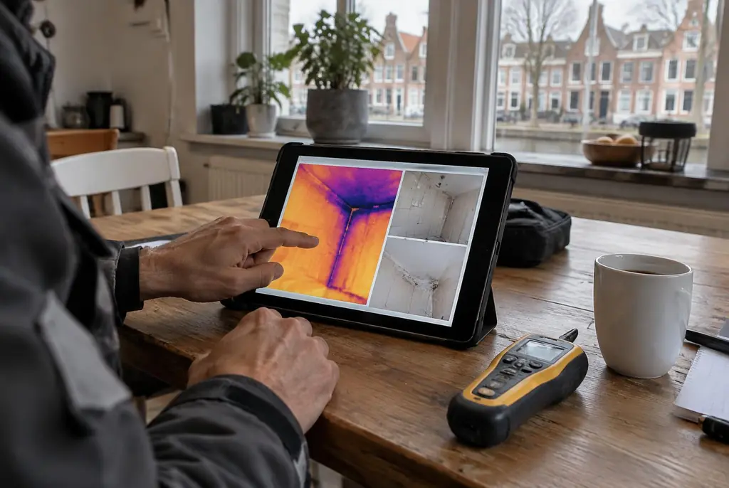 Lekdetectie Vinkeveen – lekdetectierapport met warmtebeelden en foto's op een tablet