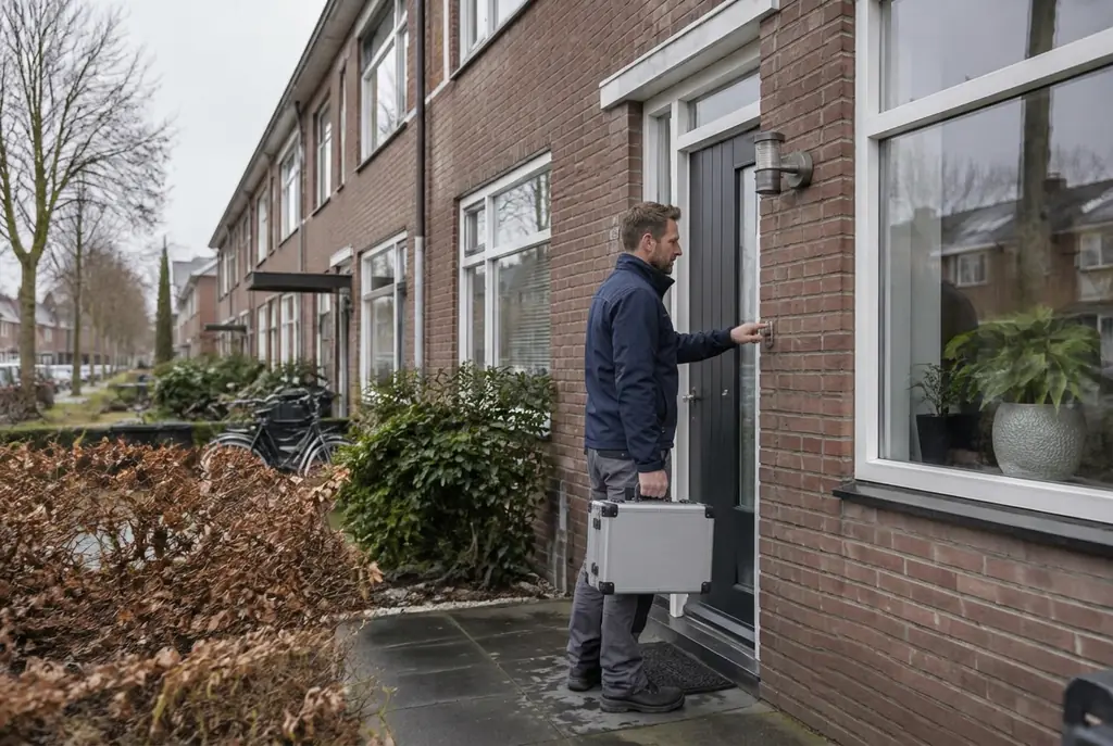 Lekdetectiespecialist met meetkoffer bij de voordeur van een woning in Vinkeveen